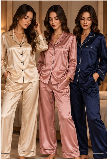 Trendy Satin Pajama in champagne, rose and navy